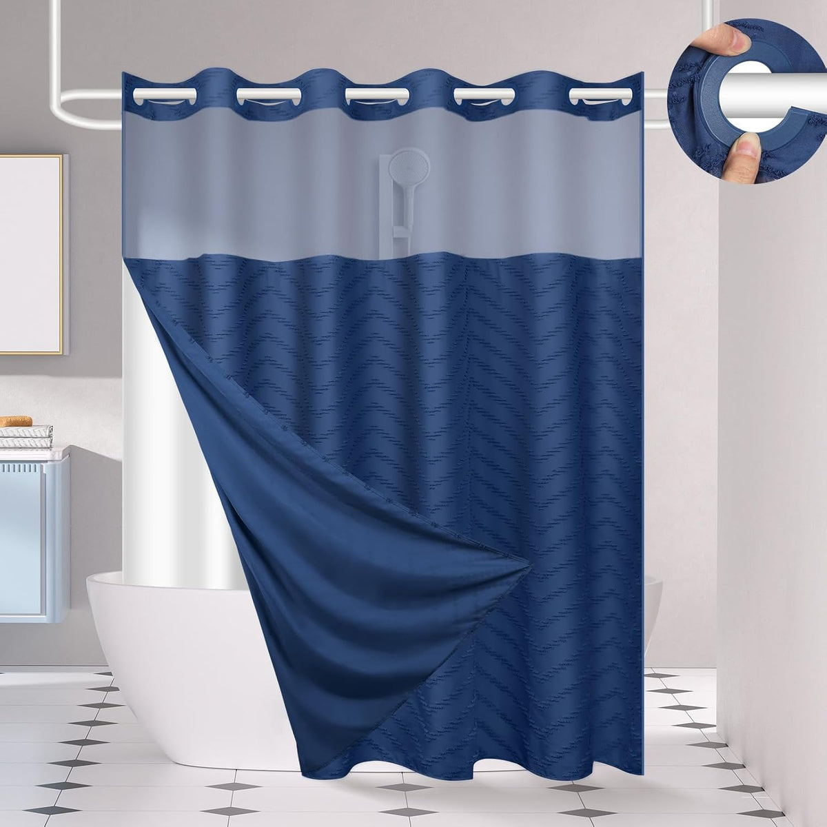 No Hook Shower Curtain and Liner Set, Black Snap in Shower Curtain Ringless Chevron Tufted Cloth Waterproof Washable Fabric Bath Curtain with See Through Top Window for Bathroom Hotel 71" x 74"