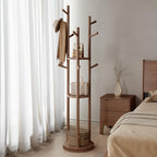 Solid Wood Rotary Coat Rack, Freestanding Coat Rack with 3 Shelves and 9 Hooks, Coat tree for Bedroom, Entryway, Livingroom, Coat Hanger Stand for Coats, Scarves, Handbags (Walnut)