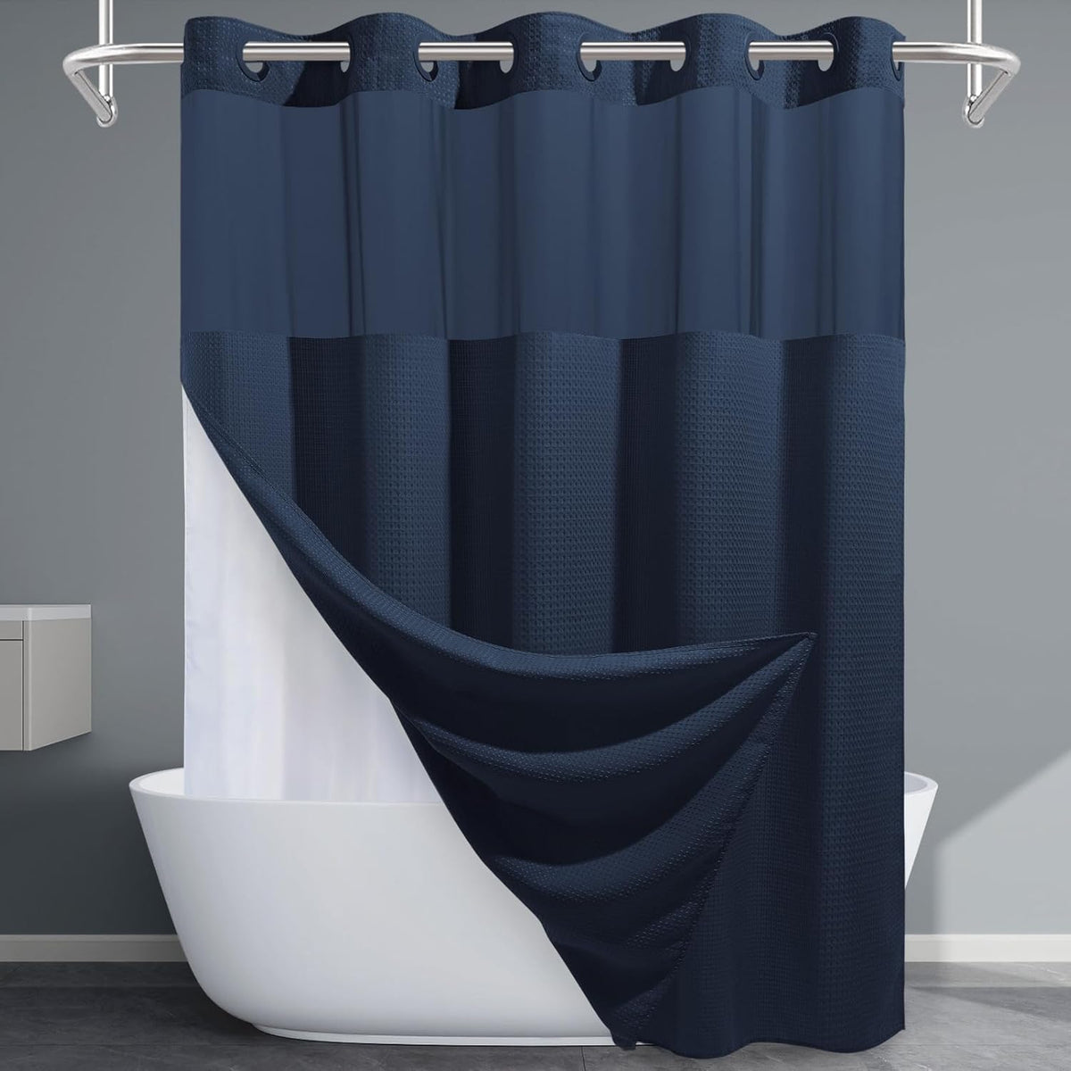 Grey Shower Curtain and Liner Set - 230GSM Waffle Weave Textured Heavy Duty,Hotel Luxury Weighted Bath Curtain,71W x 74H