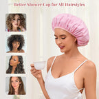 Shower Cap for Women Waterproof Reusable, Large Shower Cap Non-Slip with Elastic Band, Washable Bath Hair Hat for Long Hair, Braids (Pink)