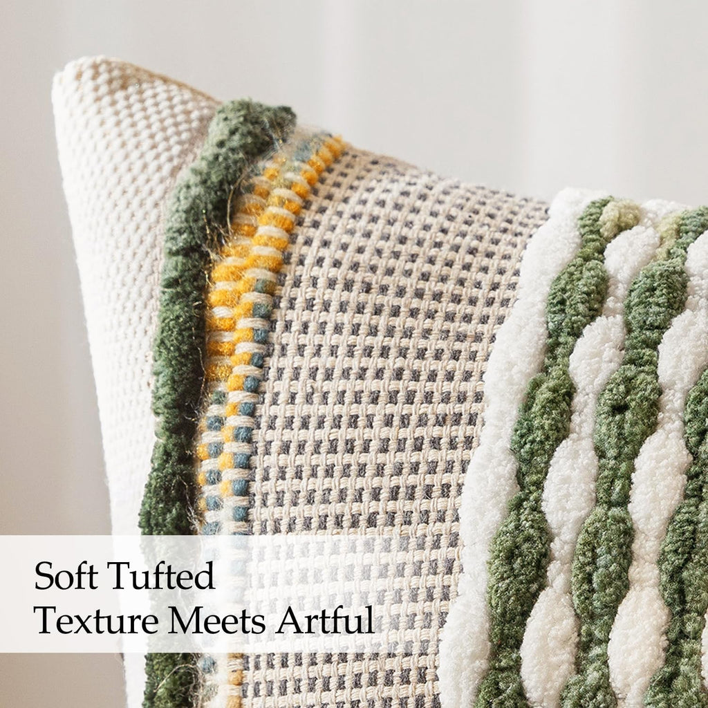ANRODUO Pack of 2 Boho Decorative Throw Pillow Covers 18x18 Farmhouse Cushion Case Striped Chenille Pillow Cases Square Pillow Covers Accent Neutral Pillowcase for Sofa Couch Bed, Olive Green Stripe