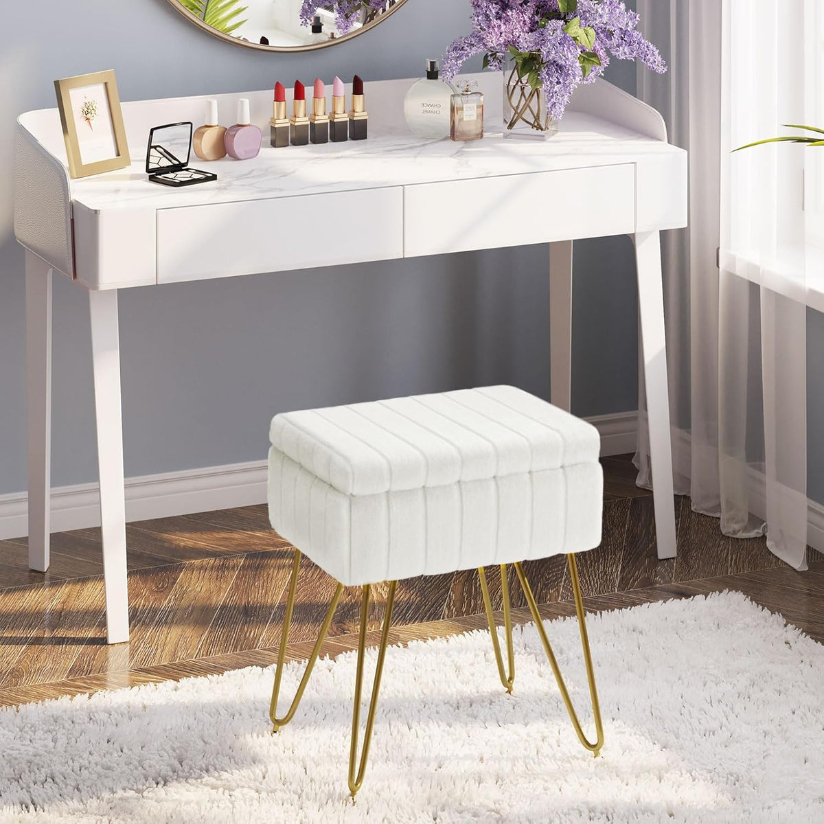 Vanity Stool Chair Faux Fur with Storage, 15.7"L x 11.8"W x 19.4"H Soft Ottoman 4 Metal Legs with Anti-Slip Feet, Furry Padded Seat, Modern Multifunctional Chairs for Makeup, Bedroom White