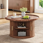 IRONCK Coffee Table, 31.5" Round Coffee Table with Storage & Sliding Tambour Door, Fluted Center Table for Living Room, Small Space, Mid Century Modern, Walnut